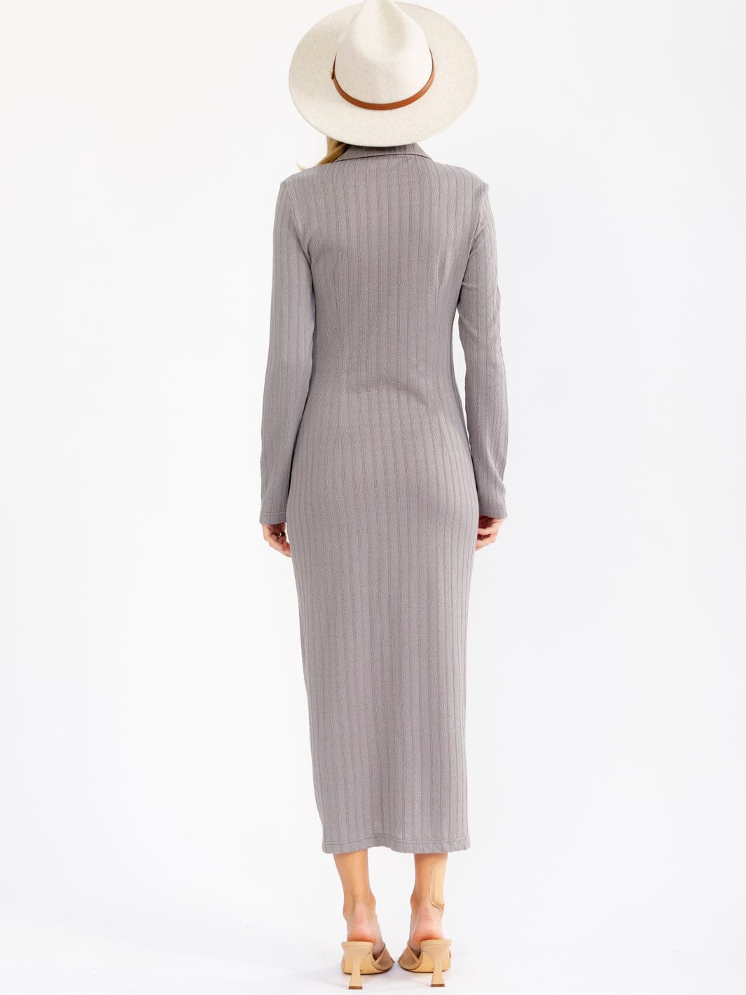 WOMEN'S LONG SLEEVE BUTTON UP RIBBED BODYCON MAXI DRESS