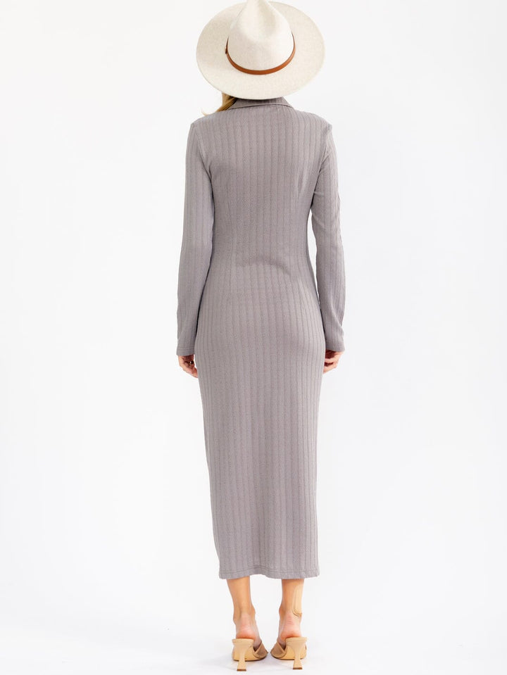 WOMEN'S LONG SLEEVE BUTTON UP RIBBED BODYCON MAXI DRESS