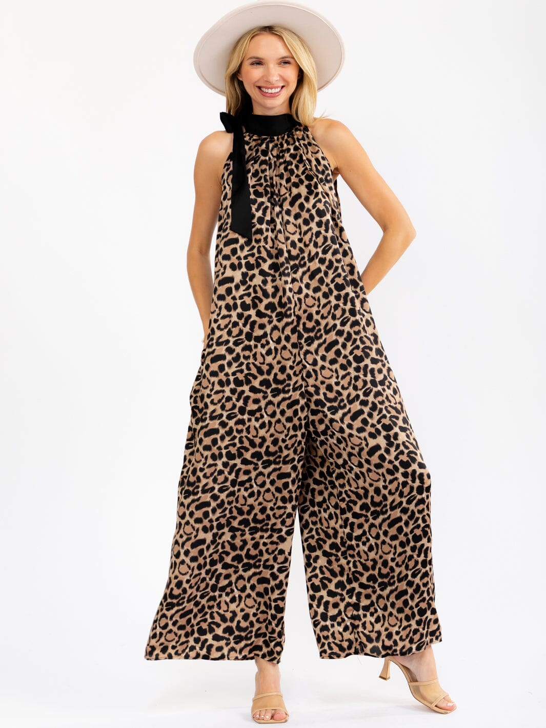 WOMEN'S SLEEVELESS ANIMAL PRINT WIDE LEG JUMPSUIT
