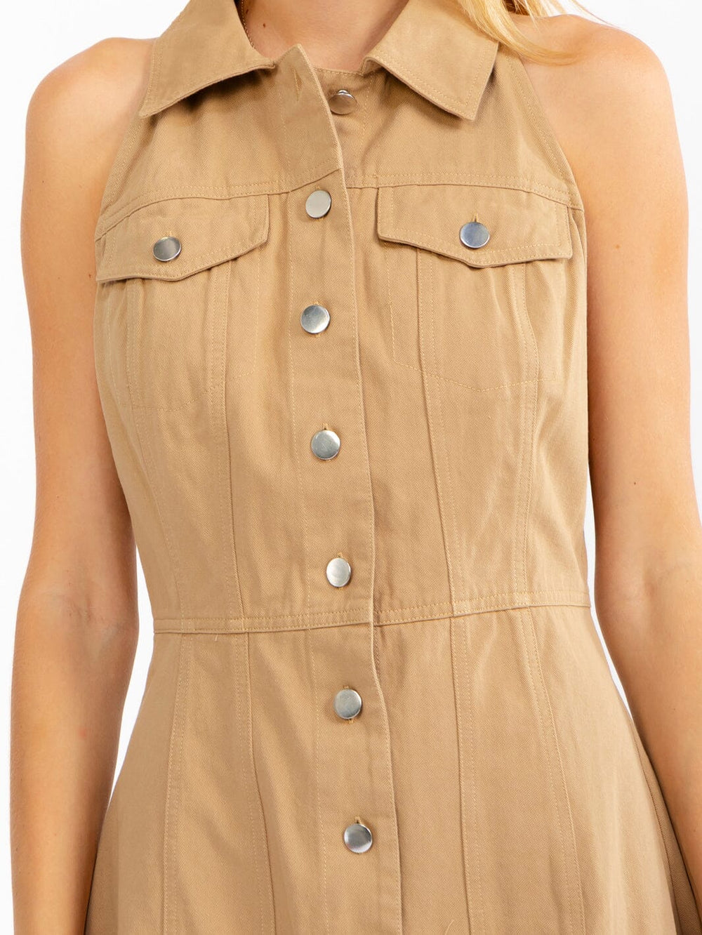 WOMEN'S SLEEVELESS BUTTON UP FRONT POCKETS BODYCON DENIM MINI DRESS