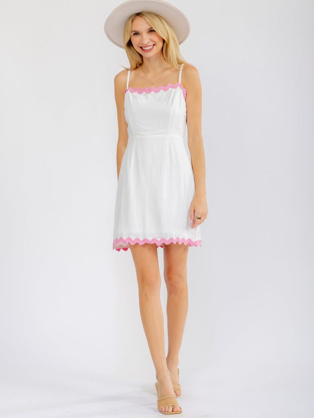 WOMEN'S SLEEVELESS SQUARE NECK TRIM DETAILED MINI DRESS