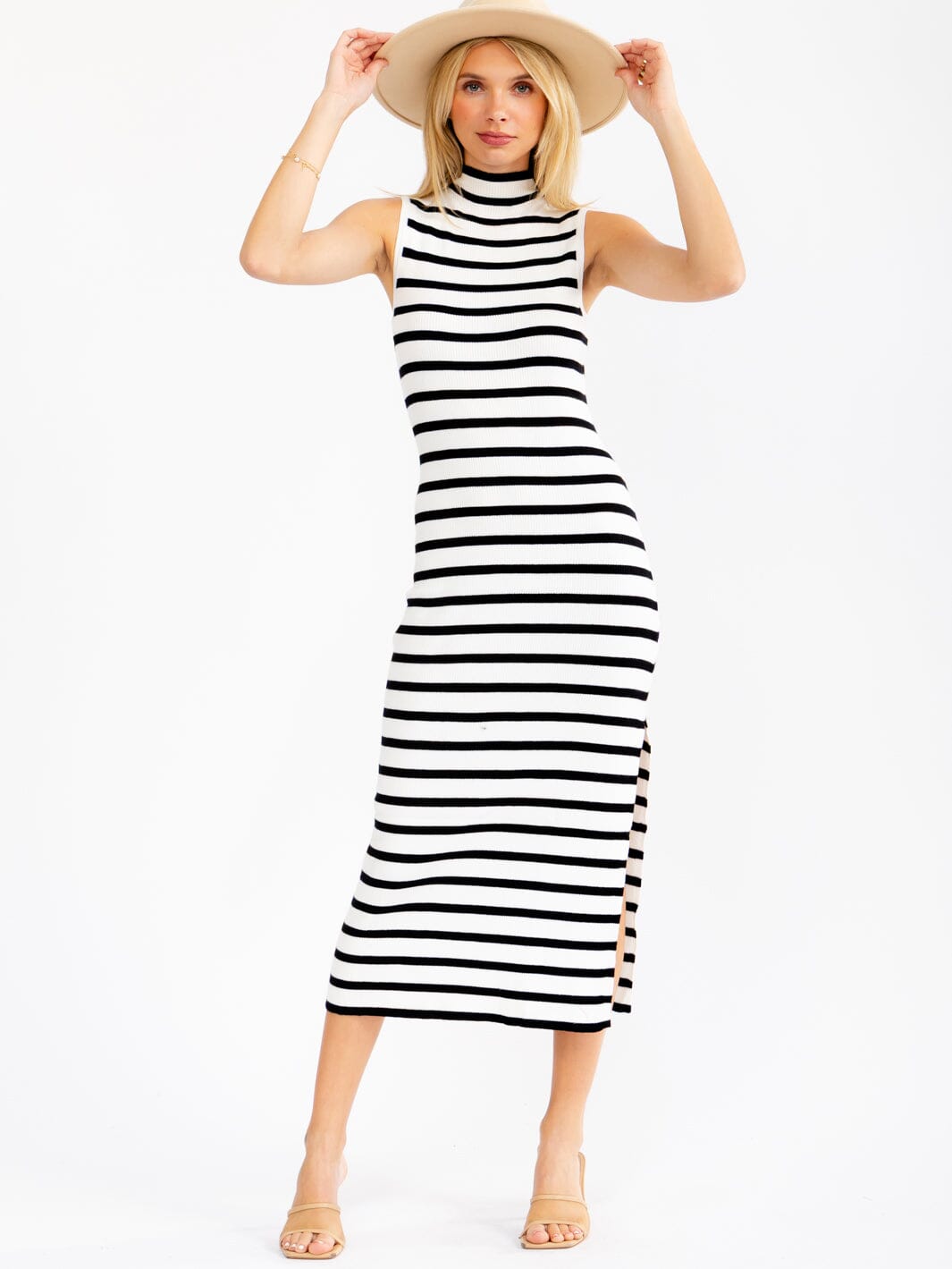 WOMEN'S SLEEVELESS MOCK NECK SIDE SLIT COLORBLOCK STRIPES BODYCON RIBBED MAXI DRESS