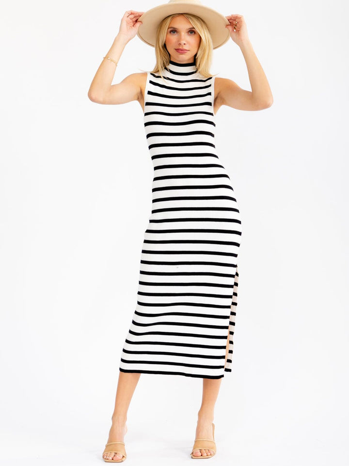 WOMEN'S SLEEVELESS MOCK NECK SIDE SLIT COLORBLOCK STRIPES BODYCON RIBBED MAXI DRESS