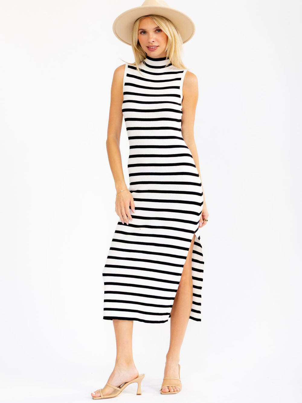 WOMEN'S SLEEVELESS MOCK NECK SIDE SLIT COLORBLOCK STRIPES BODYCON RIBBED MAXI DRESS