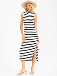 WOMEN'S SLEEVELESS MOCK NECK SIDE SLIT COLORBLOCK STRIPES BODYCON RIBBED MAXI DRESS