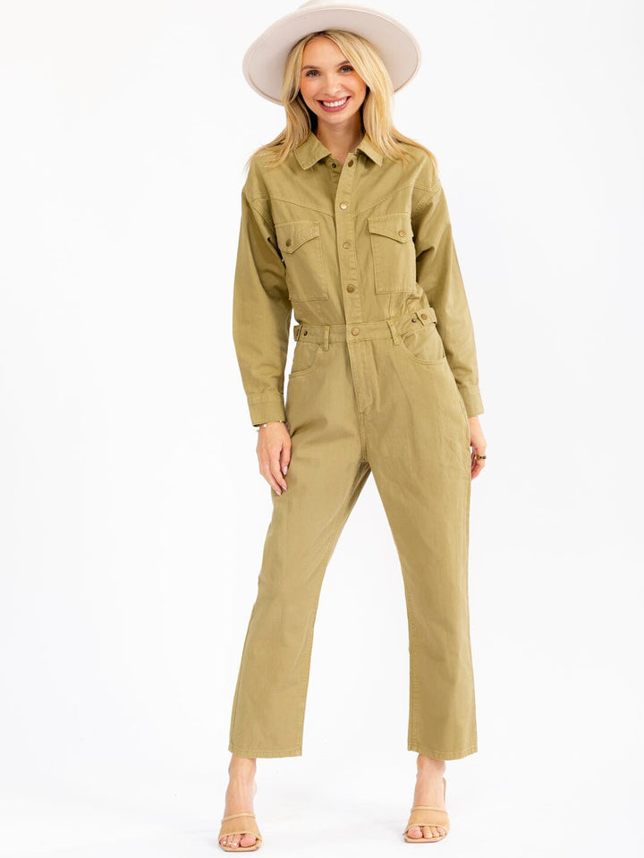 WOMEN'S LONG SLEEVE BUTTON UP POCKETS STRAIGHT LEG DENIM JUMPSUIT