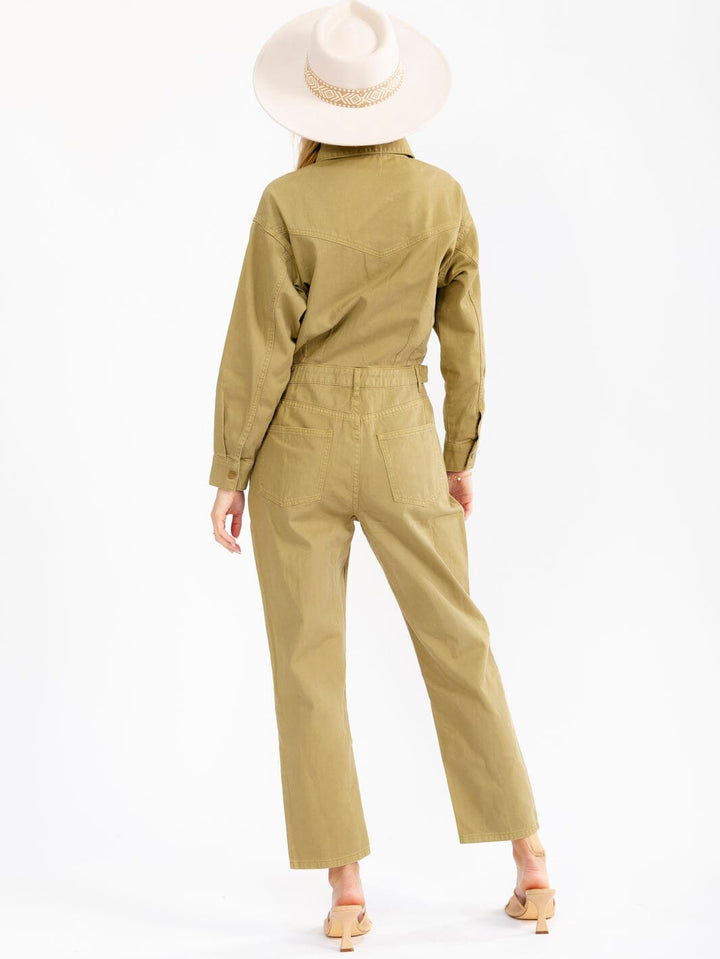 WOMEN'S LONG SLEEVE BUTTON UP POCKETS STRAIGHT LEG DENIM JUMPSUIT