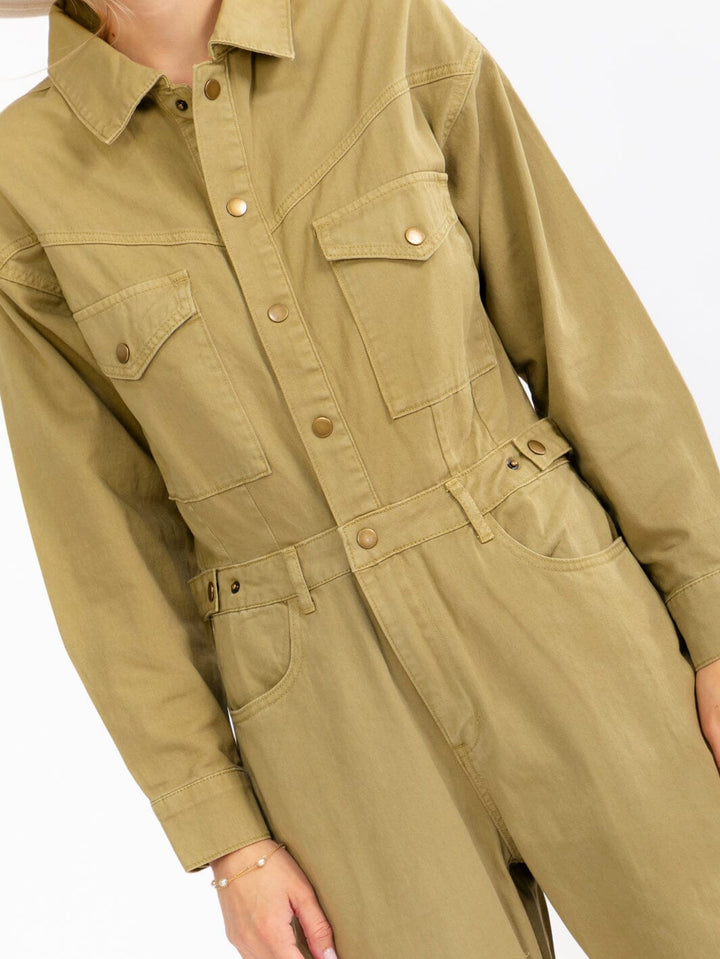 WOMEN'S LONG SLEEVE BUTTON UP POCKETS STRAIGHT LEG DENIM JUMPSUIT