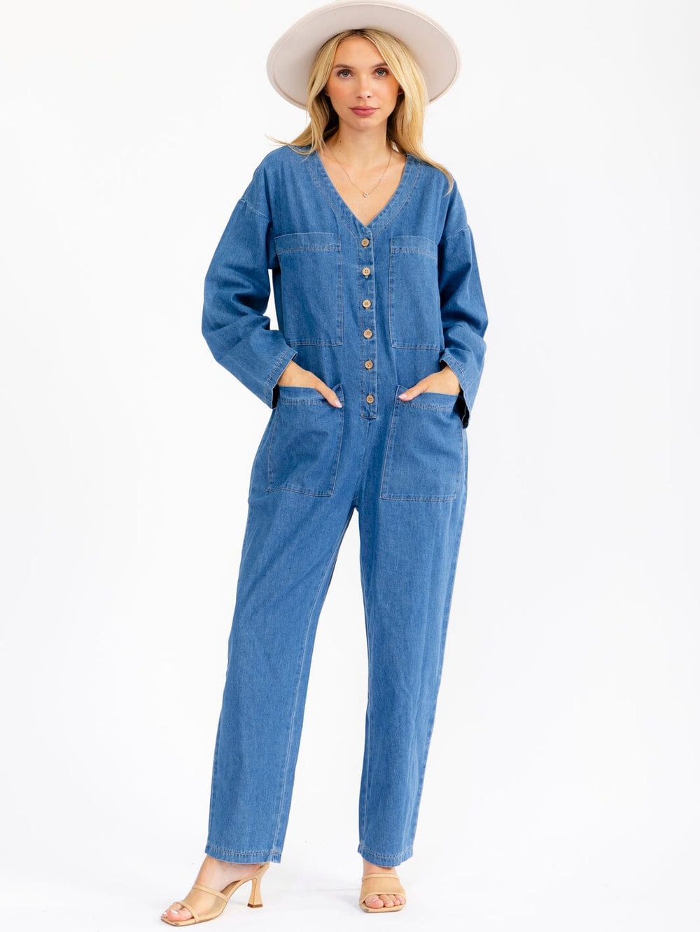 WOMEN'S LONG SLEEVE BUTTON UP FRONT POCKETS STARIGHT LEG DENIM JUMPSUIT
