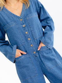 WOMEN'S LONG SLEEVE BUTTON UP FRONT POCKETS STARIGHT LEG DENIM JUMPSUIT