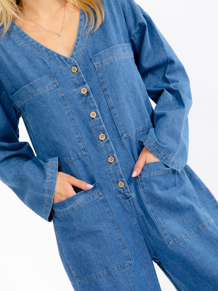 WOMEN'S LONG SLEEVE BUTTON UP FRONT POCKETS STARIGHT LEG DENIM JUMPSUIT