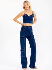 WOMEN'S SLEEVELESS CROP TOP & BUTTON CLOSURE PANTS STRETCH DENIM 2PC. SET
