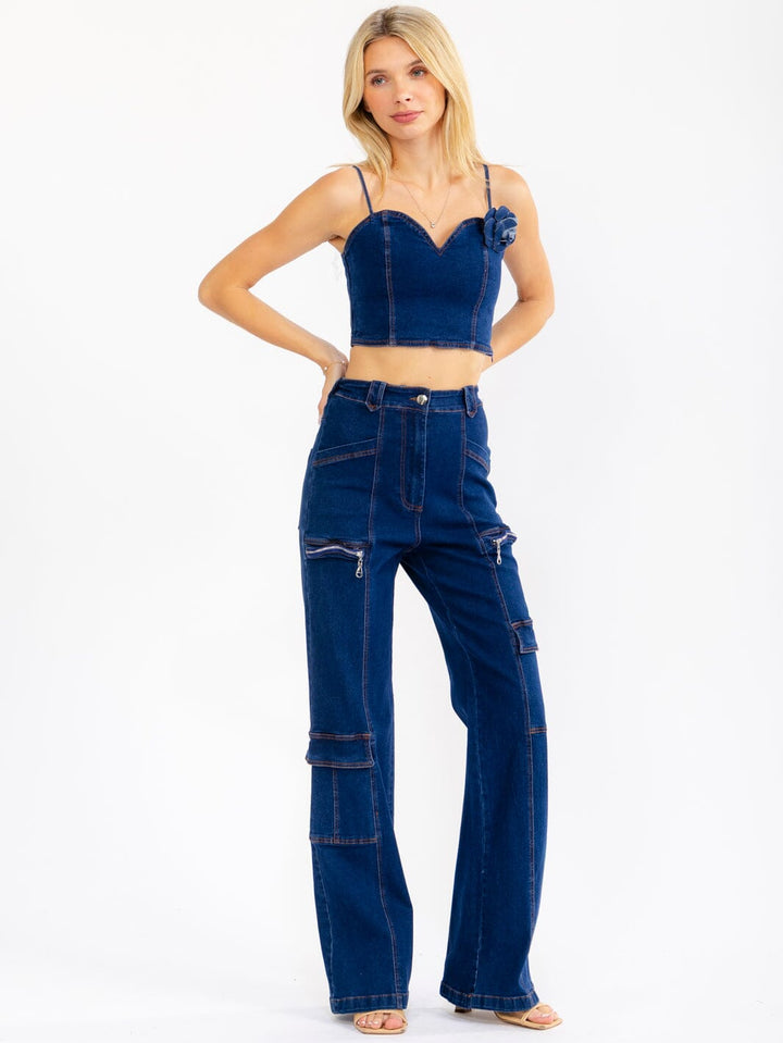 WOMEN'S SLEEVELESS CROP TOP & BUTTON CLOSURE PANTS STRETCH DENIM 2PC. SET