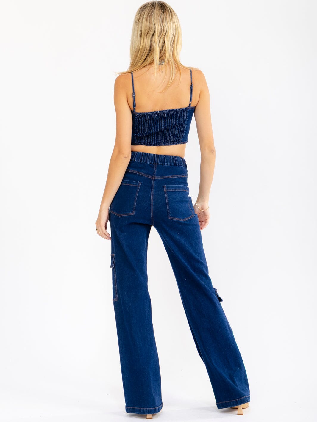WOMEN'S SLEEVELESS CROP TOP & BUTTON CLOSURE PANTS STRETCH DENIM 2PC. SET