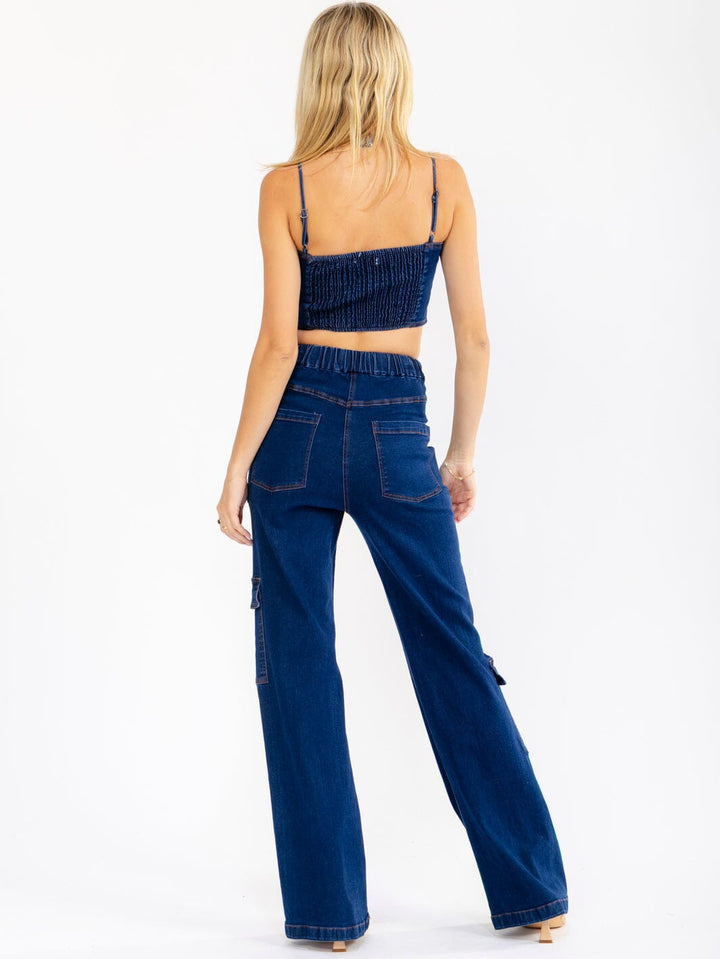 WOMEN'S SLEEVELESS CROP TOP & BUTTON CLOSURE PANTS STRETCH DENIM 2PC. SET