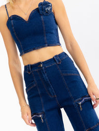 WOMEN'S SLEEVELESS CROP TOP & BUTTON CLOSURE PANTS STRETCH DENIM 2PC. SET