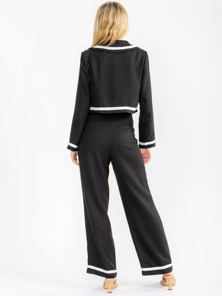 WOMEN'S LONG SLEEVE BLAZER & ZIPPER CLOSURE WIDE LEG PANTS TRIM DETAILED 2PC. SET