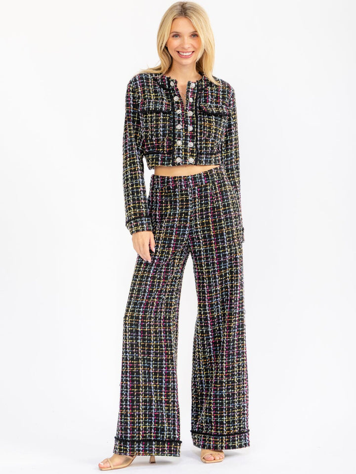 WOMEN'S LONG SLEEVE BLAZER & BUTTON CLOSURE WIDE LEG PANTS MULTI TWEED 2PC. SET