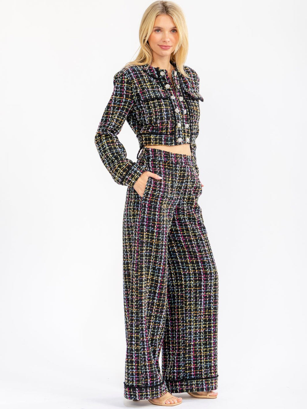 WOMEN'S LONG SLEEVE BUTTON UP FRONT POCKETS MULTI TWEED BLAZER