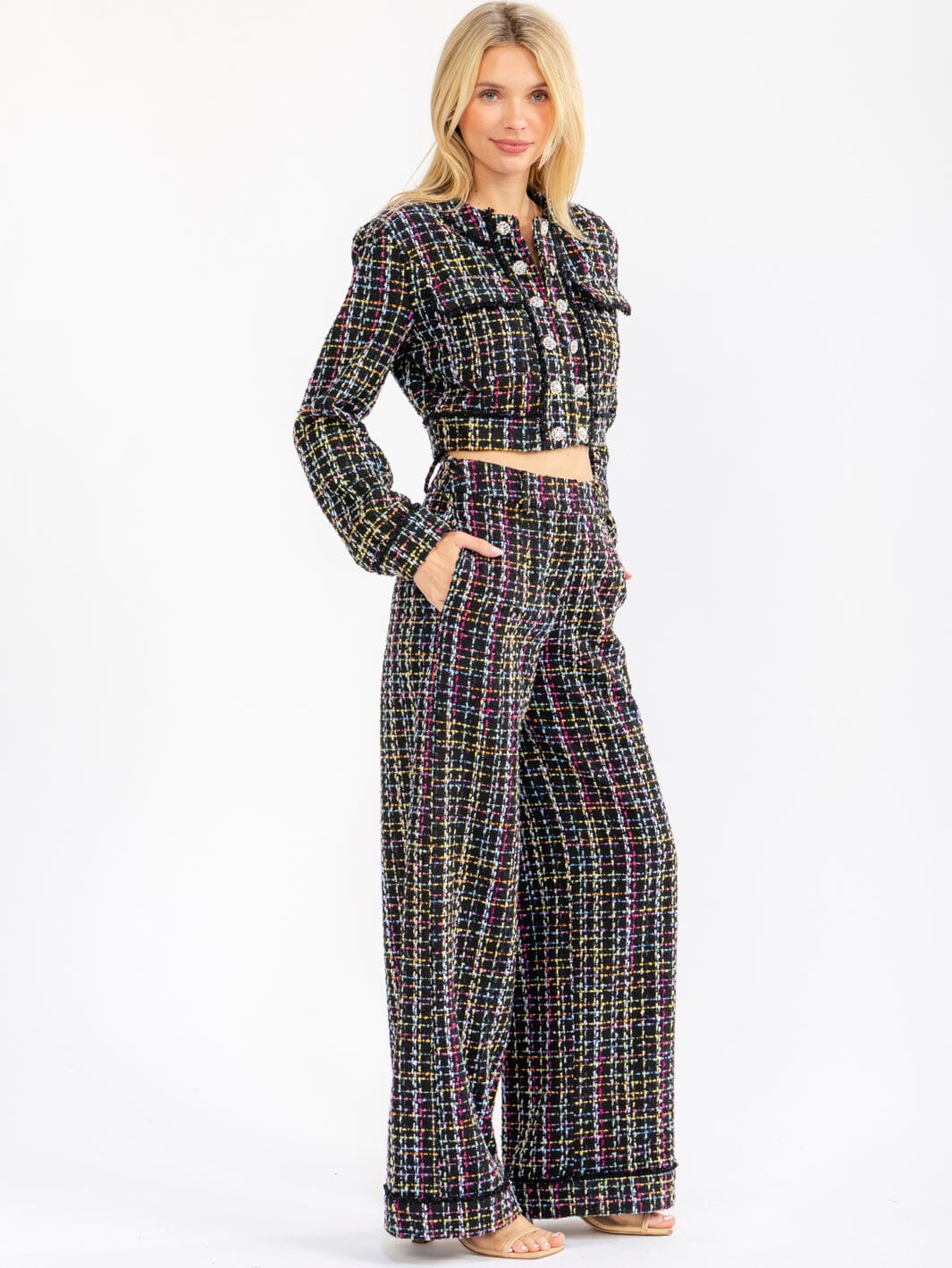 WOMEN'S LONG SLEEVE BUTTON UP FRONT POCKETS MULTI TWEED BLAZER