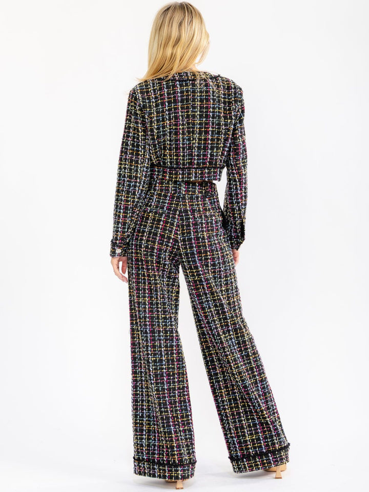 WOMEN'S LONG SLEEVE BLAZER & BUTTON CLOSURE WIDE LEG PANTS MULTI TWEED 2PC. SET
