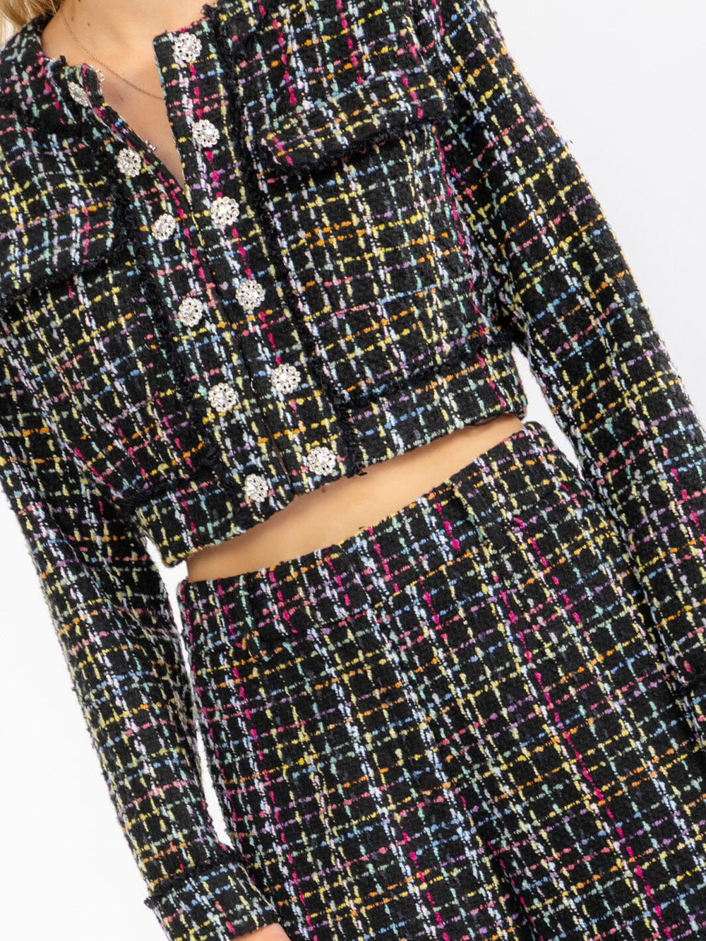 WOMEN'S LONG SLEEVE BLAZER & BUTTON CLOSURE WIDE LEG PANTS MULTI TWEED 2PC. SET