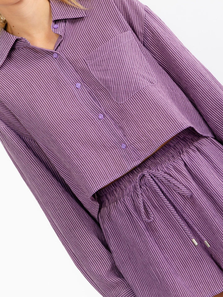WOMEN'S LONG SLEEVE BLOUSE & ELASTIC WAIST MINI SHORTS STRIPES 2PC. SET
