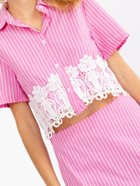 WOMEN'S SHORT SLEEVE BLOUSE & ZIP UP MINI SKIRT STRIPES CROCHET 2PC. SET