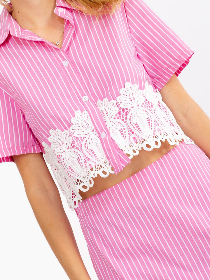 WOMEN'S SHORT SLEEVE BLOUSE & ZIP UP MINI SKIRT STRIPES CROCHET 2PC. SET