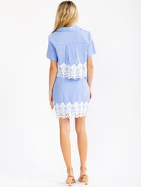 WOMEN'S SHORT SLEEVE BLOUSE & ZIP UP MINI SKIRT STRIPES CROCHET 2PC. SET