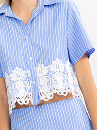 WOMEN'S SHORT SLEEVE BLOUSE & ZIP UP MINI SKIRT STRIPES CROCHET 2PC. SET