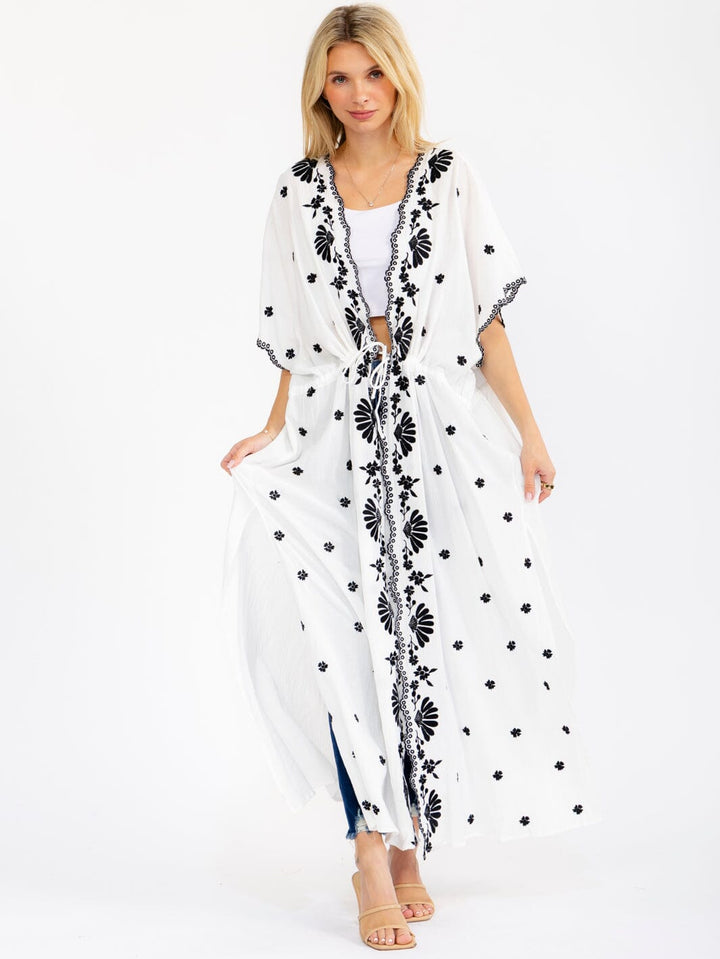 WOMEN'S SHORT SLEEVE OPEN FRONT SELF TIE EMBROIDERY KIMONO