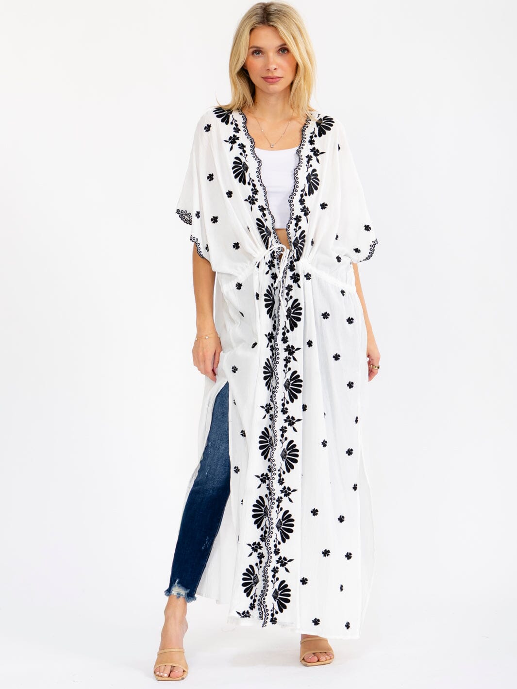 WOMEN'S SHORT SLEEVE OPEN FRONT SELF TIE EMBROIDERY KIMONO