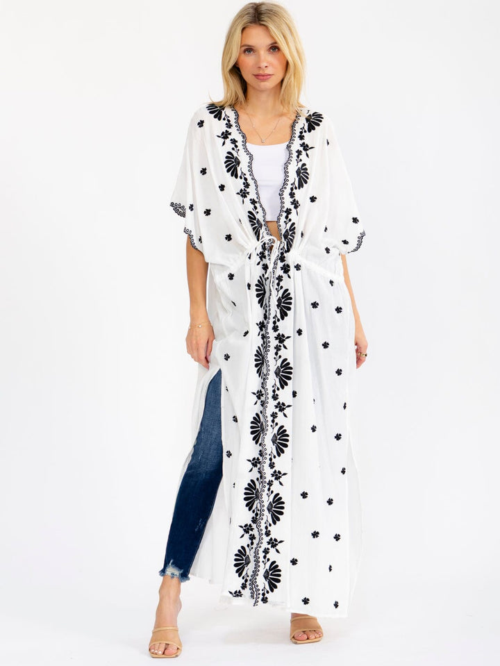 WOMEN'S SHORT SLEEVE OPEN FRONT SELF TIE EMBROIDERY KIMONO