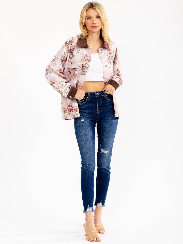 WOMEN'S LONG SLEEVE BUTTON UP FRONT POCKETS FLORAL DENIM JACKET