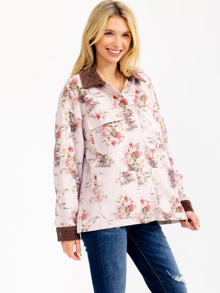 WOMEN'S LONG SLEEVE BUTTON UP FRONT POCKETS FLORAL DENIM JACKET