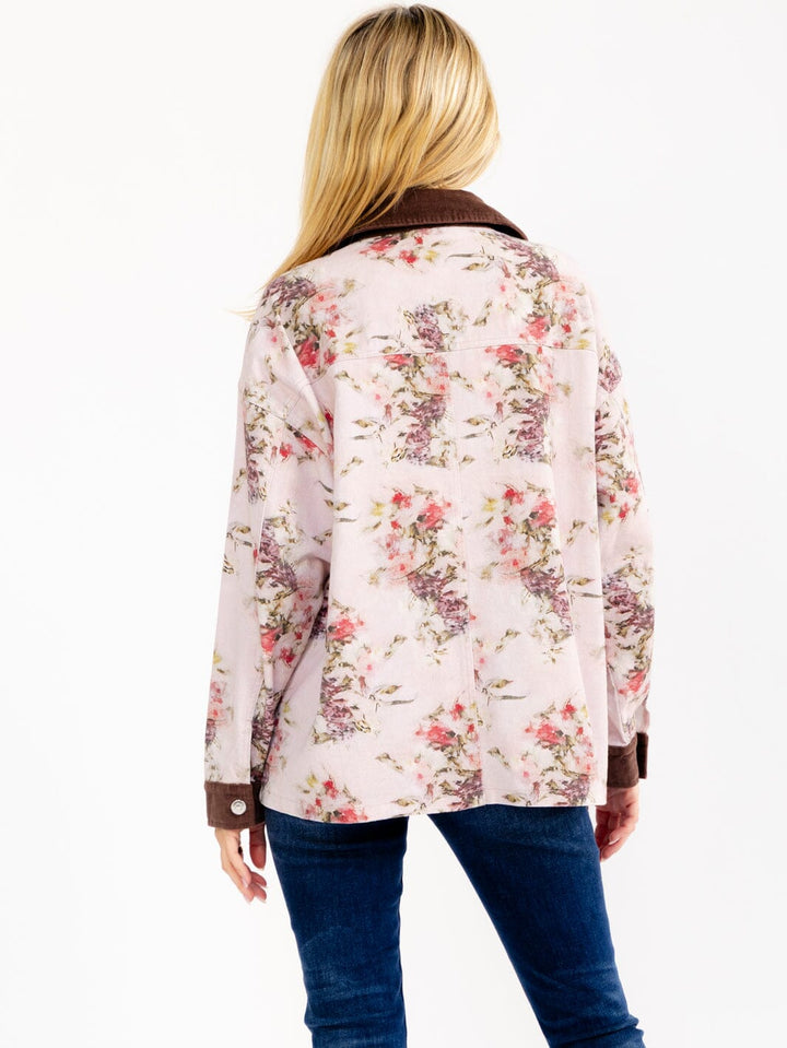 WOMEN'S LONG SLEEVE BUTTON UP FRONT POCKETS FLORAL DENIM JACKET