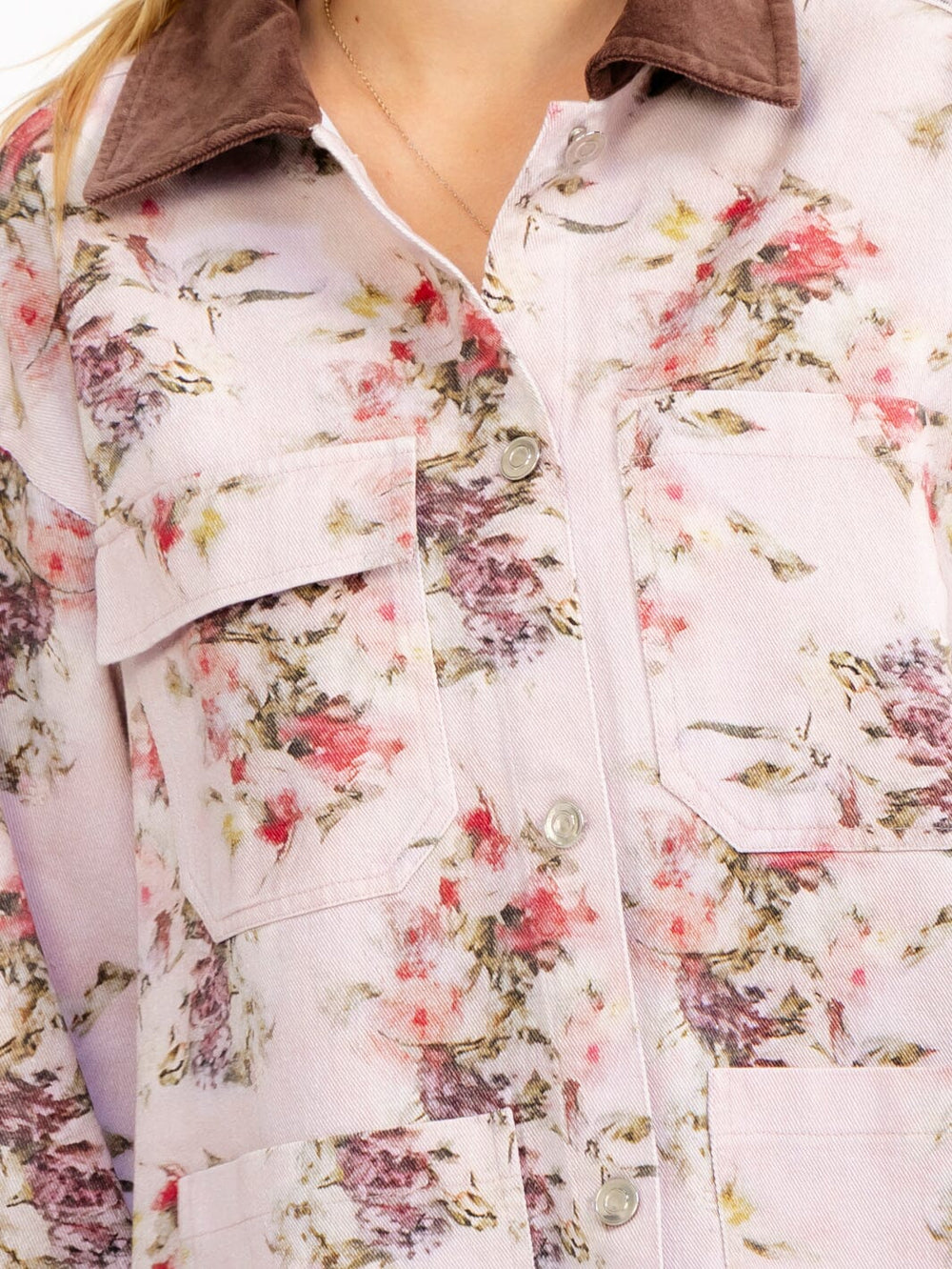 WOMEN'S LONG SLEEVE BUTTON UP FRONT POCKETS FLORAL DENIM JACKET