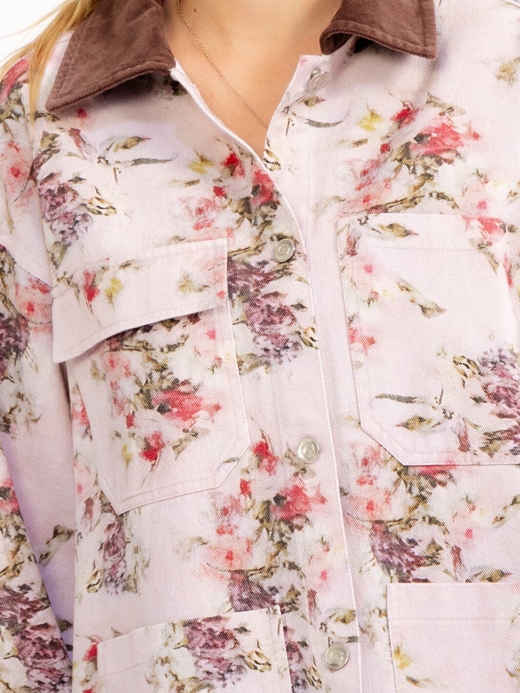 WOMEN'S LONG SLEEVE BUTTON UP FRONT POCKETS FLORAL DENIM JACKET