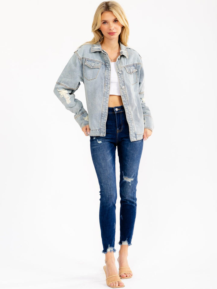 WOMEN'S LONG SLEEVE BUTTON UP FRONT POCKETS DISTRESS DENIM JACKET