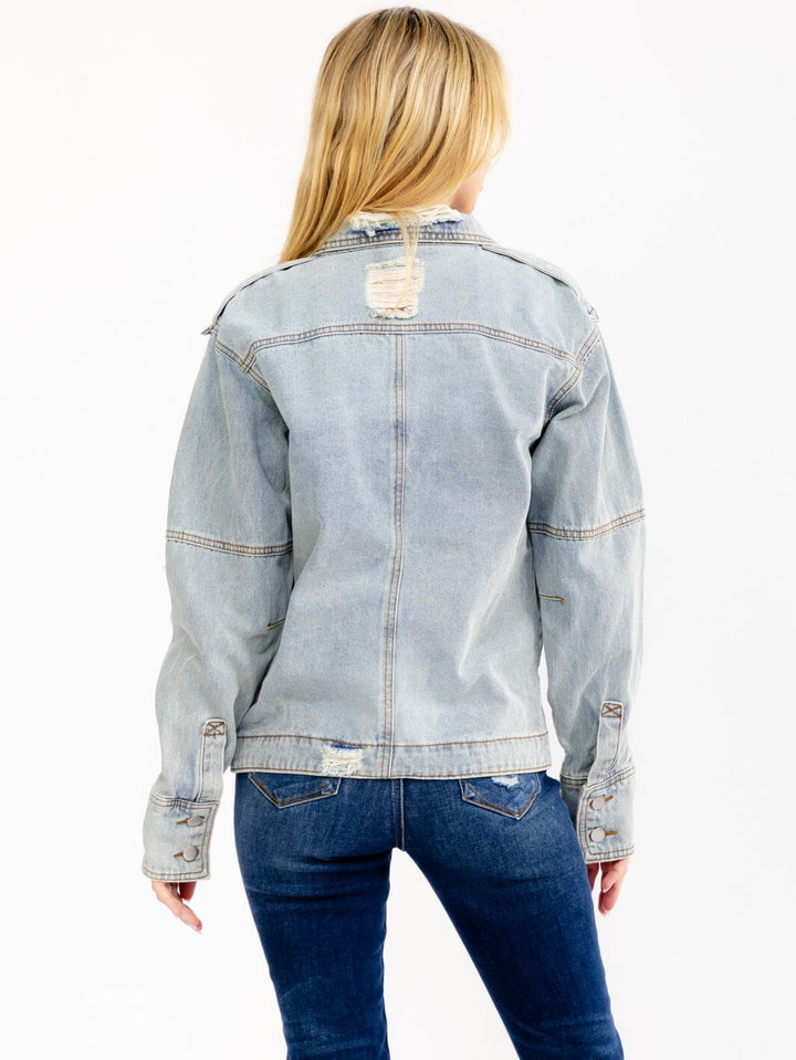 WOMEN'S LONG SLEEVE BUTTON UP FRONT POCKETS DISTRESS DENIM JACKET