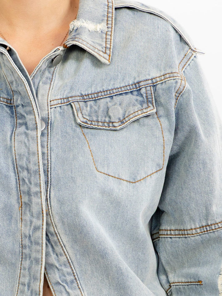 WOMEN'S LONG SLEEVE BUTTON UP FRONT POCKETS DISTRESS DENIM JACKET