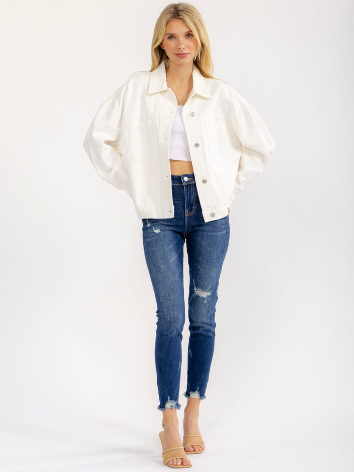 WOMEN'S LONG SLEEVE BUTTON UP FRONT POCKETS WASHED DENIM JACKET