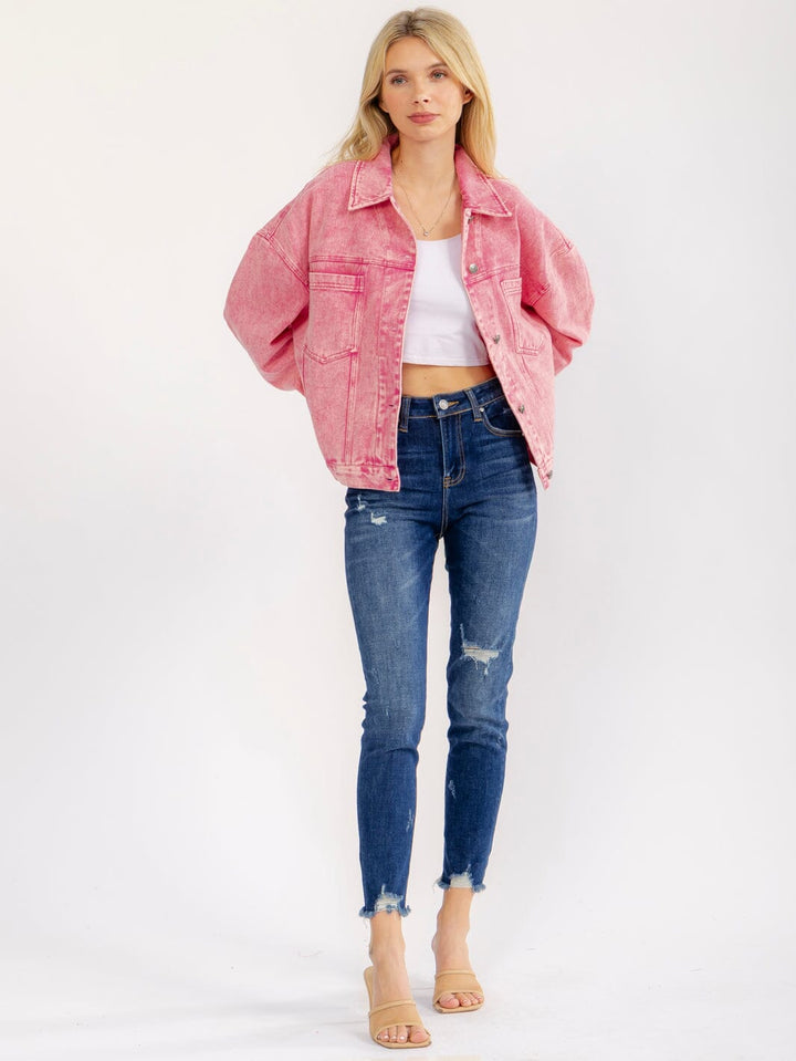 WOMEN'S LONG SLEEVE BUTTON UP FRONT POCKETS WASHED DENIM JACKET