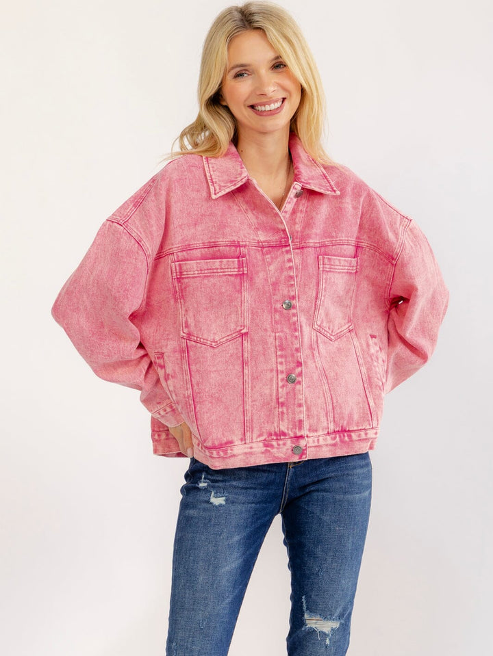 WOMEN'S LONG SLEEVE BUTTON UP FRONT POCKETS WASHED DENIM JACKET
