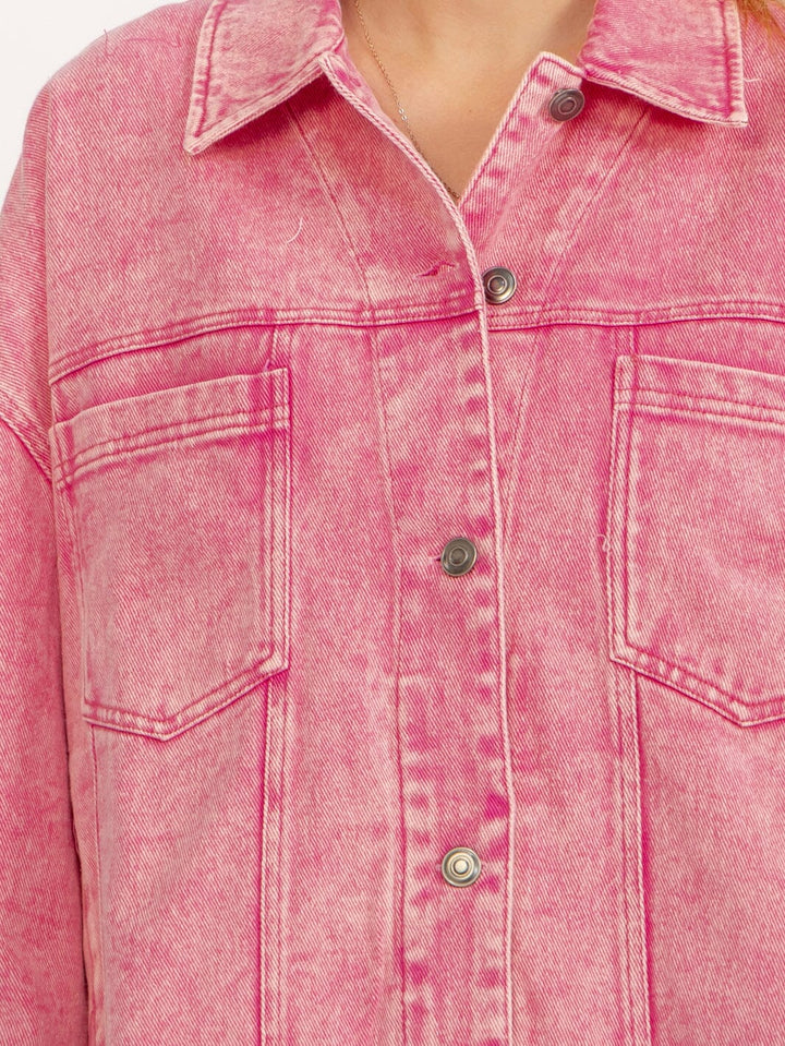 WOMEN'S LONG SLEEVE BUTTON UP FRONT POCKETS WASHED DENIM JACKET