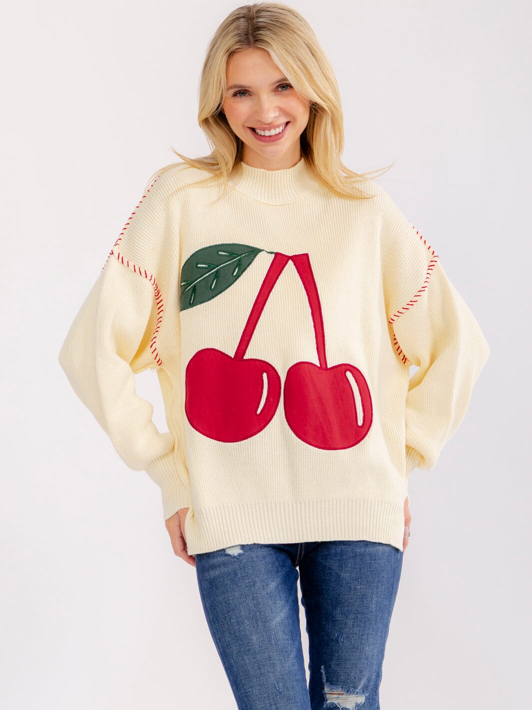 WOMEN'S LONG SLEEVE CHERRY PULLOVER SWEATERS