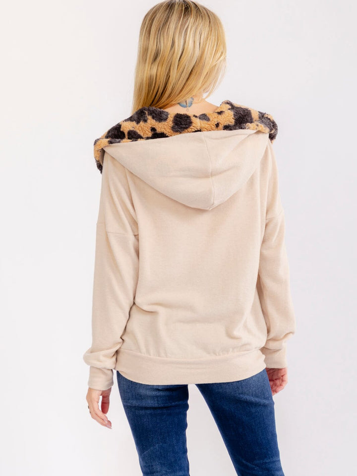 WOMEN'S LONG SLEEVE ZIP UP ANIMAL PRINT SHERPA HOODED TOP