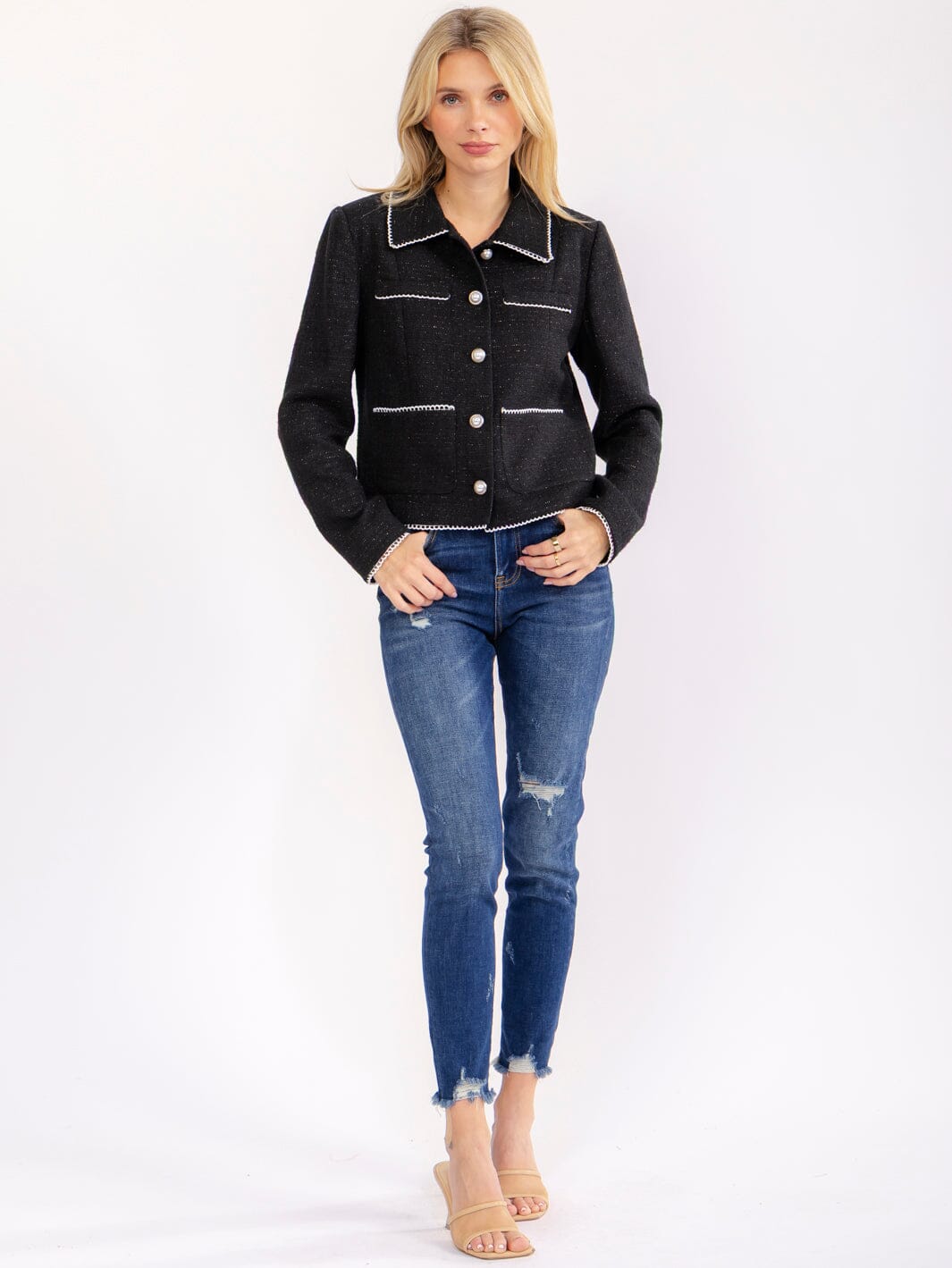 WOMEN'S LONG SLEEVE BUTTON UP FRONT POCKETS TWEED BLAZER