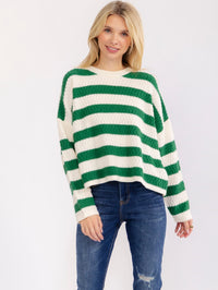 WOMEN'S LONG SLEEVE COLORBLOCK STRIPES KNIT PULLOVER SWEATER